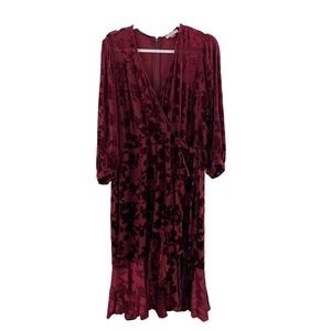 Calvin Klein Womens Size 16W Burgundy Faux Wrap Dress Ruffles Velvet Party